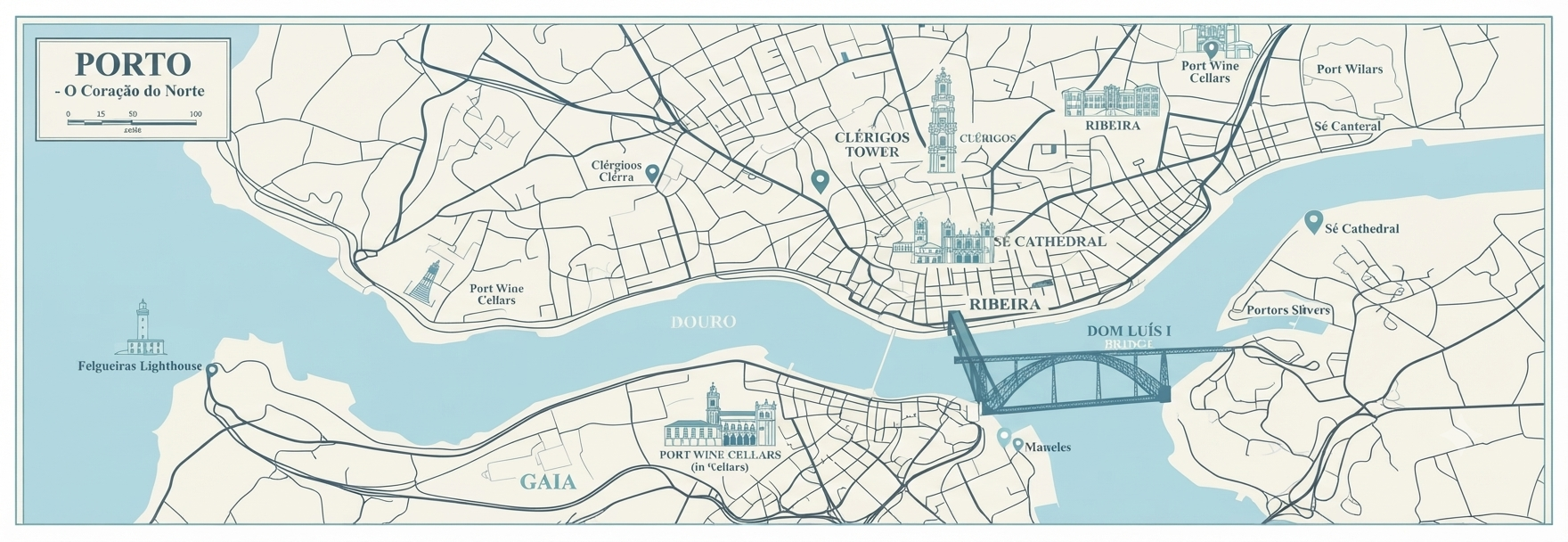 Illustrated map of Porto, Portugal